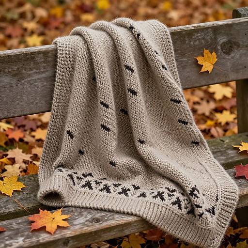 Photograph of a beige knitted sweater with black patterns, draped over a wooden bench, surrounded by autumn leaves.