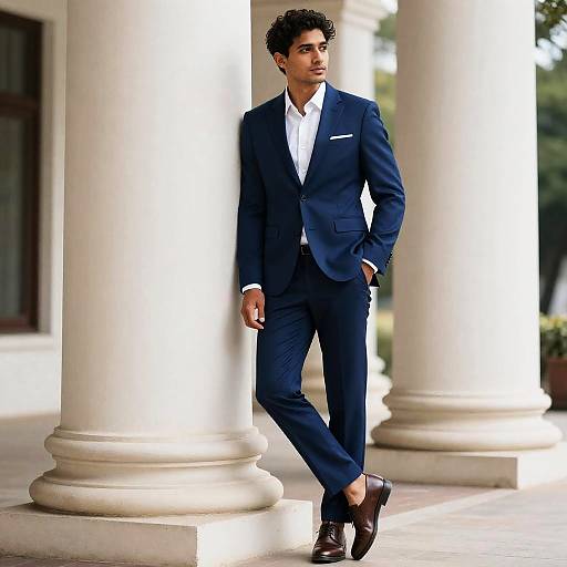 Photograph of a handsome, dark-haired man in a navy blue suit, white shirt, and brown shoes, leaning against white columns outdoors.