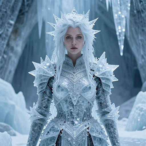 Photograph of a pale-skinned woman with white hair and ice crown, wearing glowing, crystalline ice armor, standing in an icy cave.