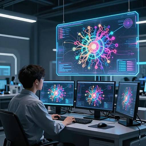 Photograph of a man in a lab coat, seated at a desk, working on four monitors displaying a vivid, colorful molecular network diagram suspended above.