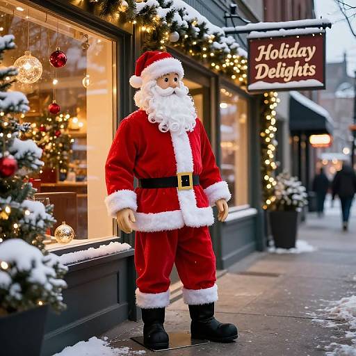 Photograph of a Santa Claus mannequin in red suit, white trim, black boots, standing outside a holiday-decorated store with snow-covered