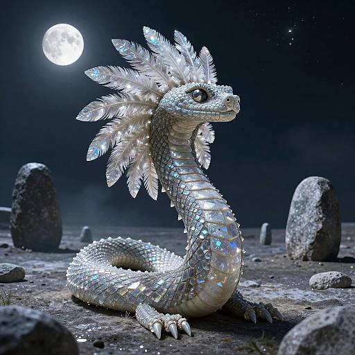 Photorealistic CGI of a shimmering silver dragon with feathered crest, glowing scales, and glowing eyes, under a full moon in a rocky,