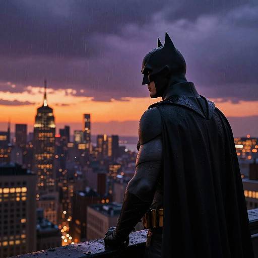 Photograph of Batman in dark, rain-soaked armor, standing on a rooftop, gazing at a city skyline during a dramatic, purple-orange sunset