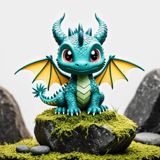 Kawaii Mini Chibi Dragon on Mossy Rock