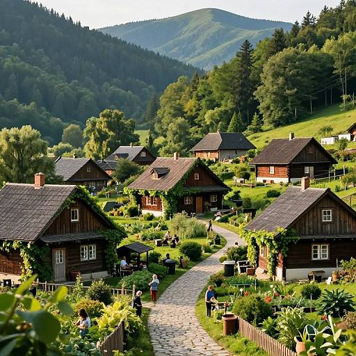Photograph of a picturesque, sunlit rural village with wooden houses, lush gardens, and a winding cobblestone path, set against a backdrop of