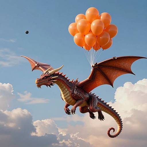 Photograph of a red dragon with orange wings and spiked tail, floating mid-air on a cluster of orange balloons, against a bright blue sky with fluffy