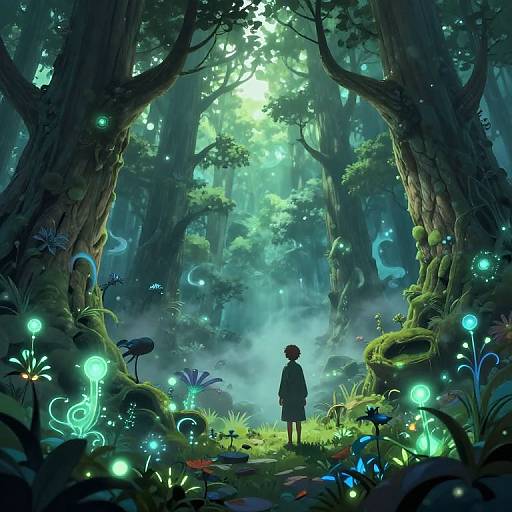 Digital fantasy artwork of a child in a dark, enchanted forest with glowing, bioluminescent plants, towering trees, and misty light.