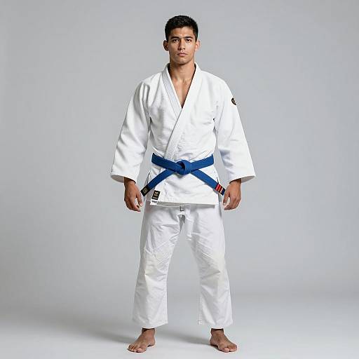 Young Man in White Judo Gi with Blue Belt