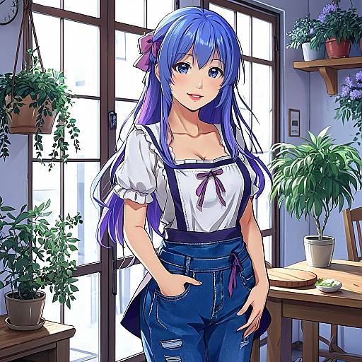 Anime-style digital illustration of a blue-haired girl with purple bow, white blouse, and blue jeans, standing in a sunlit room with potted plants