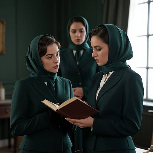 Photograph of three women in dark green hijabs and black blazers, standing in a dimly lit room, focused on a book.