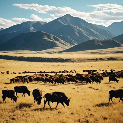 Herd of Wildebeests in Golden Grassland with Mountain Range