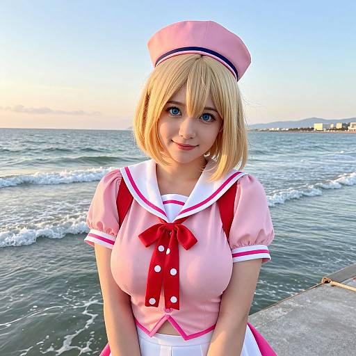 Photograph of a blonde woman in a pink sailor-style cosplay with large breasts, standing by the ocean at sunset. She smiles, wearing a matching hat