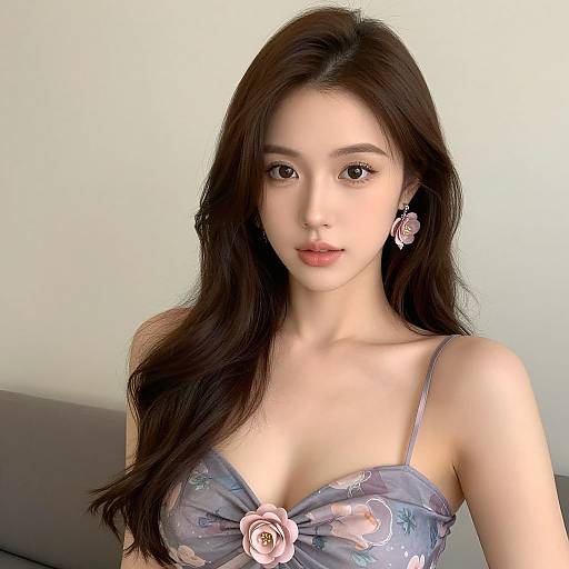 Photograph of an East Asian woman with long, dark brown hair, wearing a floral, strapless top with a pink rose, against a plain,