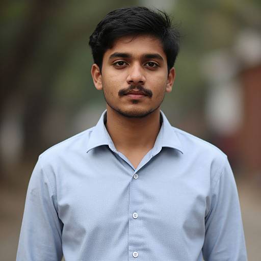 Photograph of a young Indian man with medium brown skin, black hair, and a mustache, wearing a light blue button-up shirt, standing outdoors