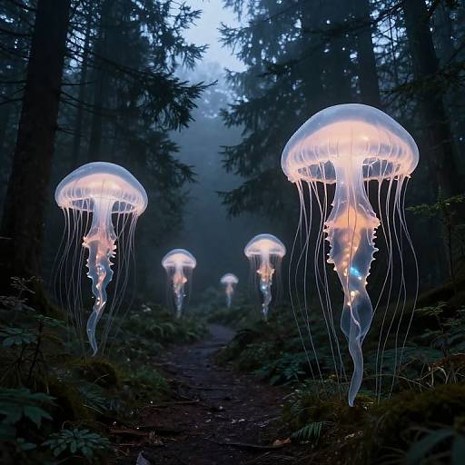 Photograph of glowing jellyfish lanterns floating in a misty, dark forest, illuminated with soft blue and white light, surrounded by dense trees and