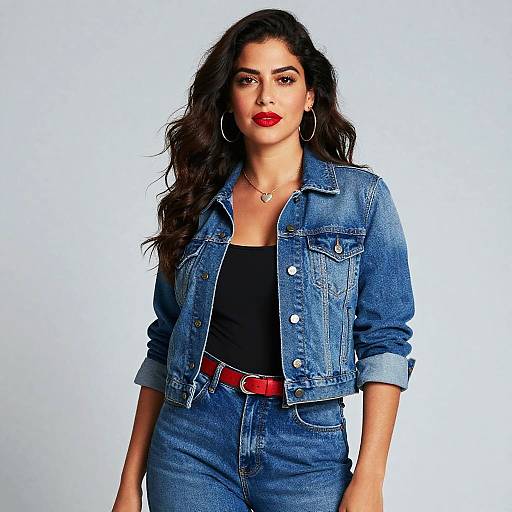 Photograph of a confident woman with long dark hair, red lipstick, wearing a denim jacket, black top, blue jeans, and red belt.