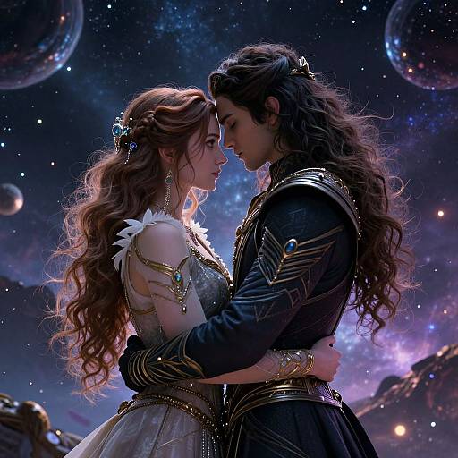 Digital art of a romantic space scene with a long-haired woman in a sparkly dress and a long-haired man in dark armor, gazing intimately against