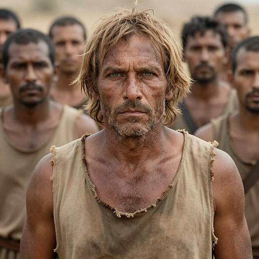 Rugged Man with Intense Green Eyes in Primitive Attire