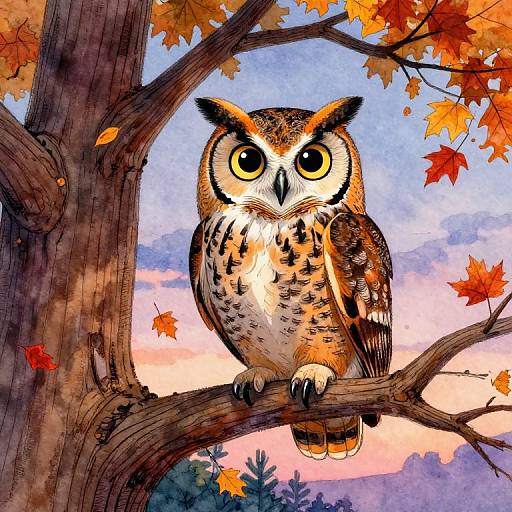 Colorful digital illustration of a large, detailed owl with bright yellow eyes perched on a tree branch, surrounded by autumn leaves and a vibrant sunset sky