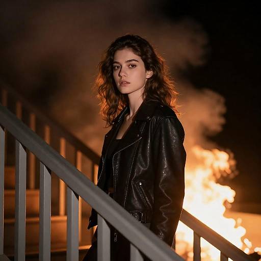 Cinematic Night: Woman on Flaming Staircase