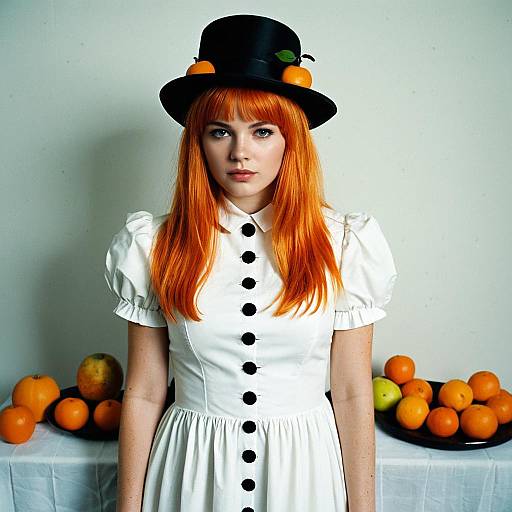 Young Woman in White Dress with Orange Hair and Black Hat
