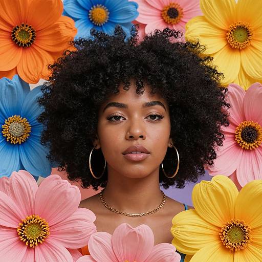 Photograph of a beautiful Black woman with natural curly hair, wearing gold hoop earrings and necklace, surrounded by vibrant, colorful flowers.