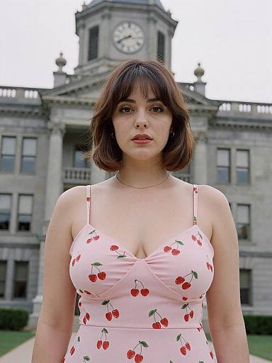 Photograph of a young woman with short brown hair, wearing a pink cherry-patterned dress, standing in front of a gray, neoclassical