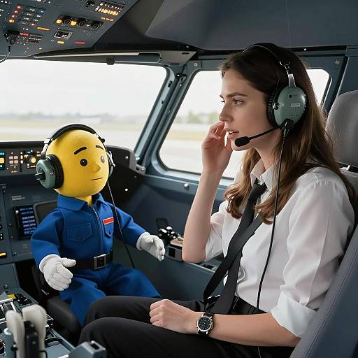 Female Pilot with Puppet Co-pilot in Cockpit