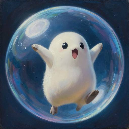 Adorable white, fluffy, cartoon hamster with black eyes and open mouth, joyfully floating inside a glowing, iridescent bubble in a dark