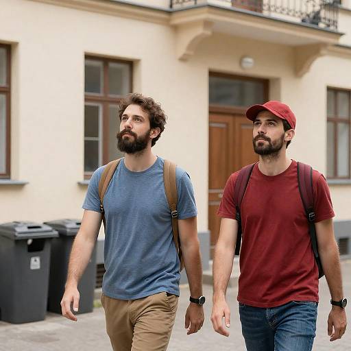 Men Walking Outdoors in Colorful Attire