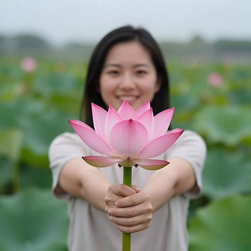 Photograph of an Asian woman with black hair, smiling, holding out a pink lotus flower in a lush green pond.