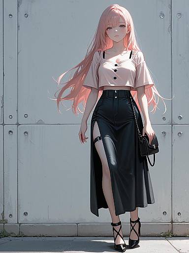 Digital anime-style drawing of a pink-haired woman with long hair, wearing a white blouse, black high-waisted skirt with thigh slit, black heels
