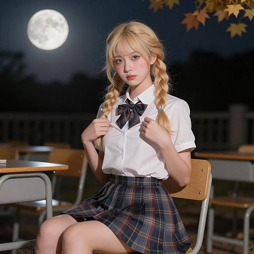 Smug Schoolgirl Under Moonlit Autumn Grove