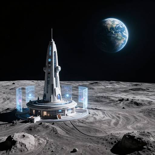 Photorealistic CGI: Futuristic, white space station with glowing blue panels on moon's surface, illuminated by Earth in dark, starless space.