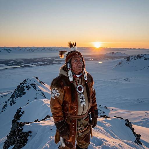 Photograph of an elderly Indigenous man in traditional winter attire standing on a snow-covered mountain peak at sunset, with a vibrant orange and blue sky in the