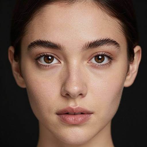 Close-up photograph of a young woman with fair skin, brown eyes, dark eyebrows, and brown hair against a black background.