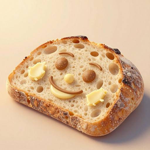 Photorealistic CGI of a toasted bread slice with brown eyes, smiling curve, and two butter pats, glowing under soft light.