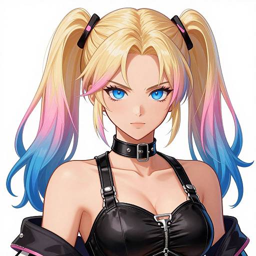 Digital anime-style drawing of a blonde woman with blue eyes, pink and blue gradient pigtails, black leather choker, and top, looking intense