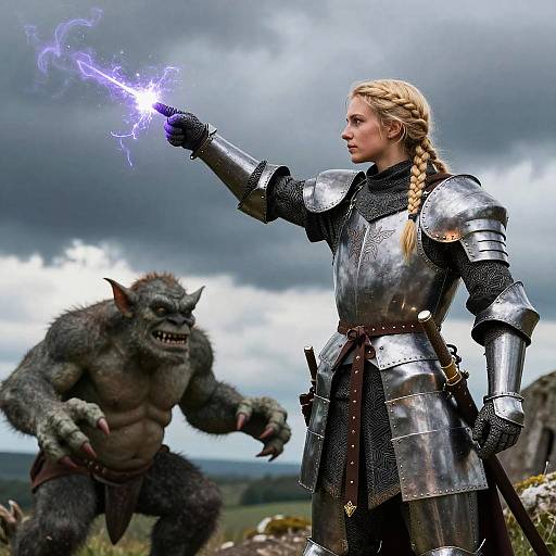 Realistic Knight Casting Spell Fighting Troll