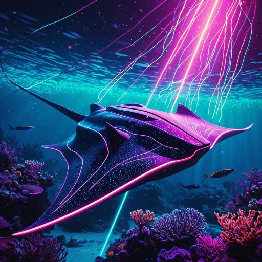 Synthwave Neon Stingray in Underwater Reef