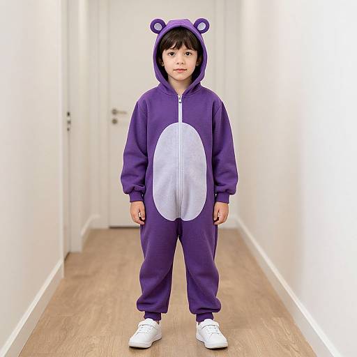 Photograph of a young boy in a purple bear onesie with white belly, hood, and bear ears, standing in a white hallway.