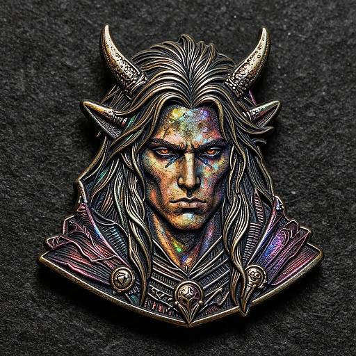 Detailed, colorful, metallic fantasy pendant of a horned, stern-faced warrior with long, wavy hair, intricate armor, and glowing rainbow highlights,