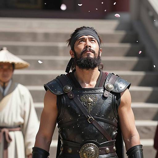 Cinematic Warrior Among Falling Petals