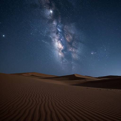 Photograph of a starry night sky over a desert with rippled sand dunes, showcasing the Milky Way galaxy prominently above.