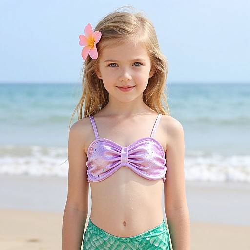 Photograph of a young blonde girl with a pink flower in her hair, wearing a lavender sparkly bikini top and green patterned bottoms, standing on