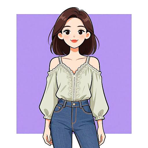 Digital anime-style drawing of a cute young woman with dark brown hair, fair skin, wearing a white off-shoulder blouse and blue jeans, smiling