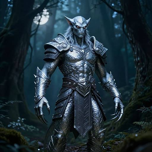 Digital art of a silver-armored, horned warrior standing in a dark, misty forest with a full moon in the background.