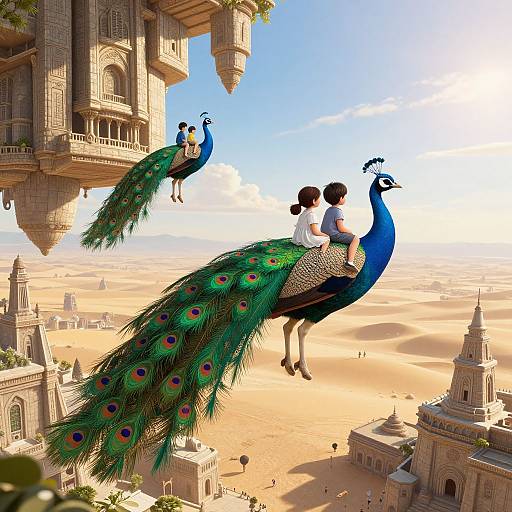 Digital illustration of two people riding peacocks over a sunlit, sprawling ancient city with ornate buildings and sandy landscape.