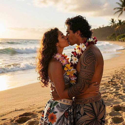 Polynesian Couple Kissing on Beach