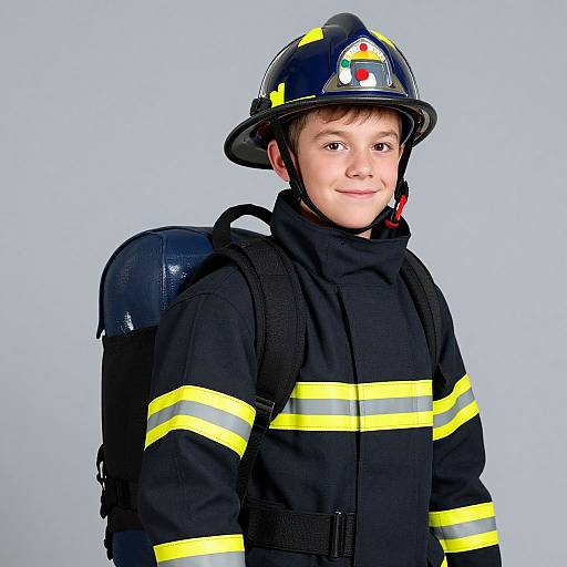 Photograph of a young boy with fair skin, brown hair, wearing a black firefighter uniform with yellow stripes, helmet, and oxygen tank, smiling against